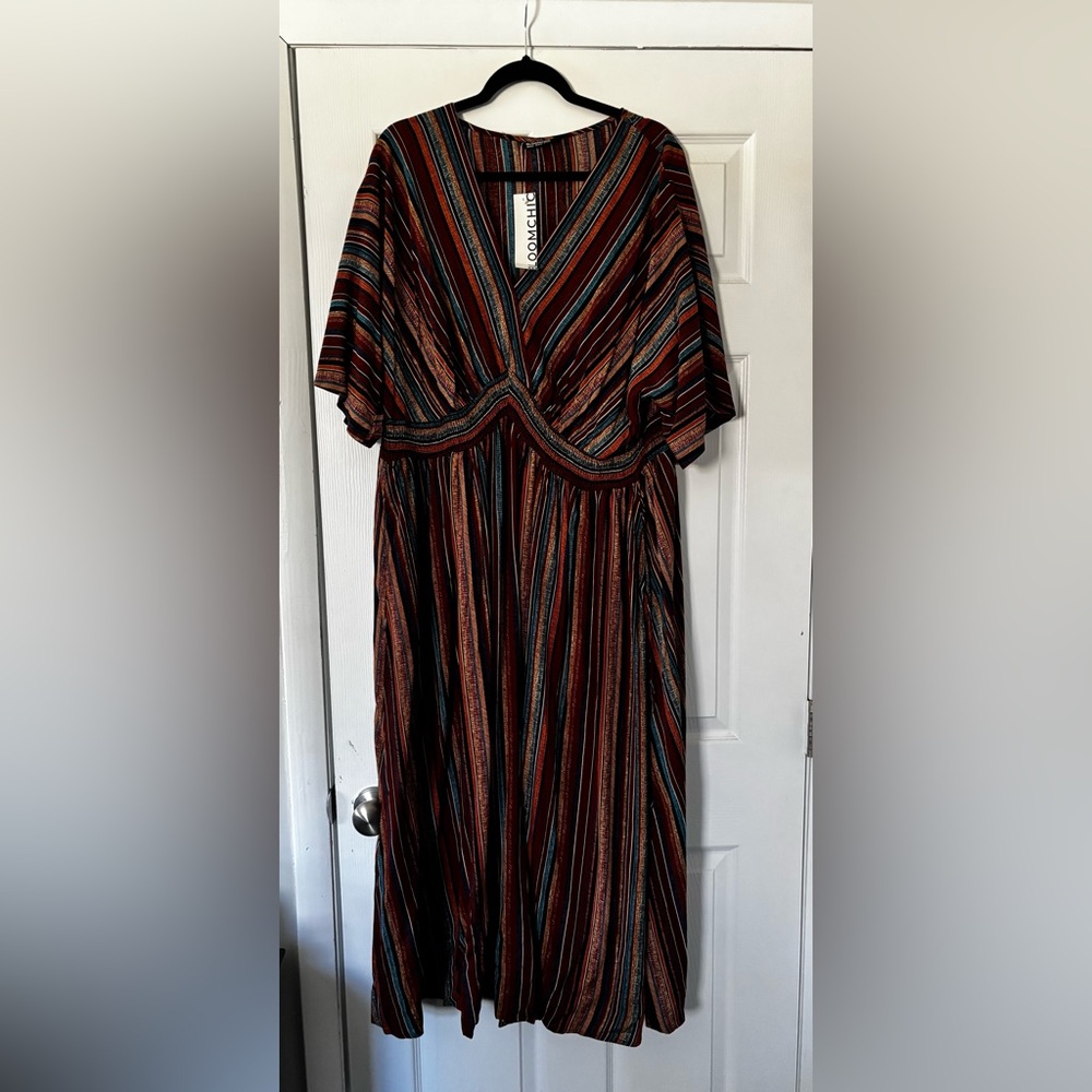 BloomChic Striped V-Neck Midi Dress in Rust, Teal, Black and Cream